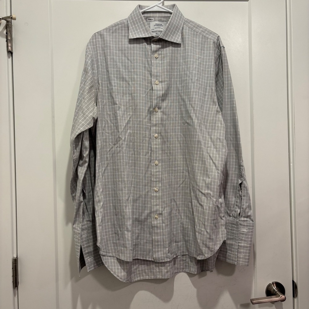 Charles Tyrwhitt Mens 16.5 35 Classic Fit Grey Plaid French Cuff Dress Shirt